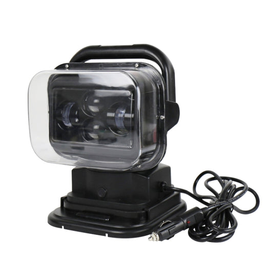 Remote control LED search light with clear lens and black base, DC power cord included