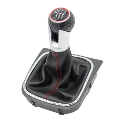 6-speed gear shift knob set: black leather boot, red stitching, silver knob, chrome rim