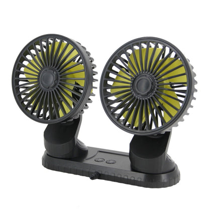 Dual-head car USB cooling fan with yellow radial blades on black base