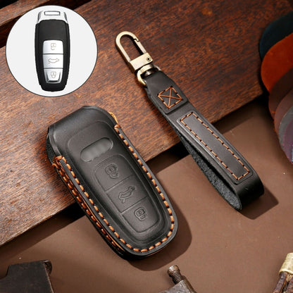 Black leather key fob protective cover with stitched edges and keyring loop
