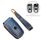Blue leather key fob cover with key ring; inset shows the car remote