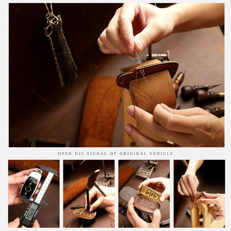 Leather key fob cover being attached by hand with key ring