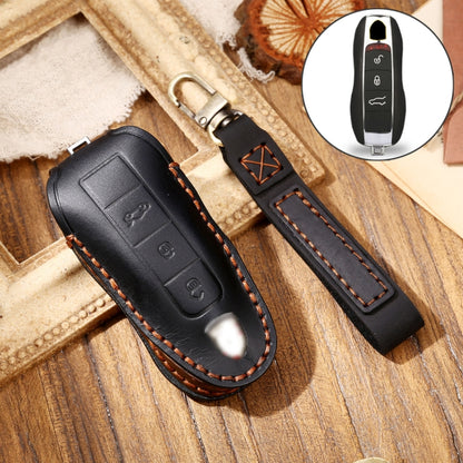 Black leather key case with metal key ring, stitched edges, car key fob cover