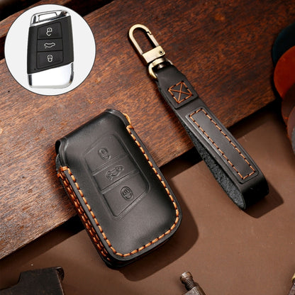 Black leather key fob protective cover with stitched edge and metal key ring strap