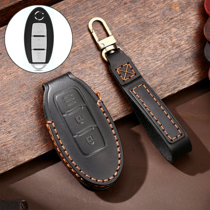 Black two-button car key leather protective cover with stitching and keyring loop
