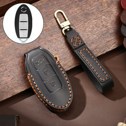 Black leather key fob protective cover with matching keychain strap, orange contrast stitching