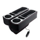 Black PU leather car console with two cup holders and built-in wireless charging pads