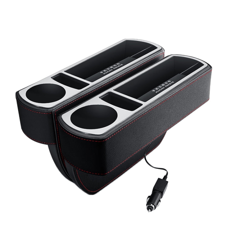 Black PU leather car console with two cup holders and built-in wireless charging pads