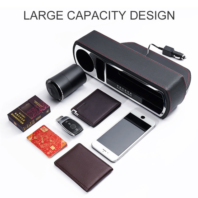 Black PU leather car console with two cup holders, wireless charging, and included accessories