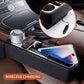 Black PU leather console with two cup holders; inset shows phone wireless charging