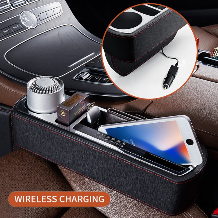 Black PU leather console with two cup holders; inset shows phone wireless charging