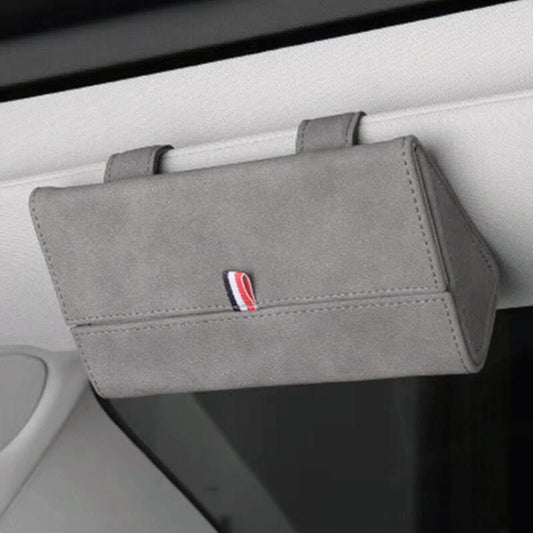 Grey glasses storage bag with flap and small emblem on front