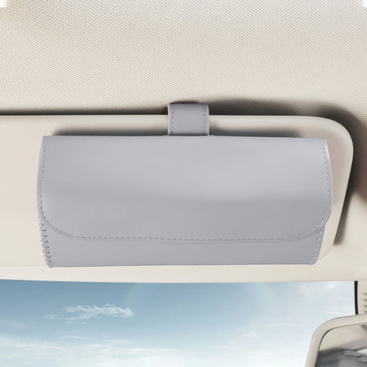 Light grey glasses storage bag with flap and top mounting tab for car visor