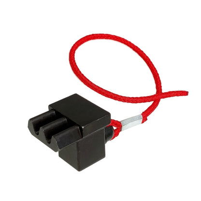 Engine flywheel locking tool with red lanyard and black clamp