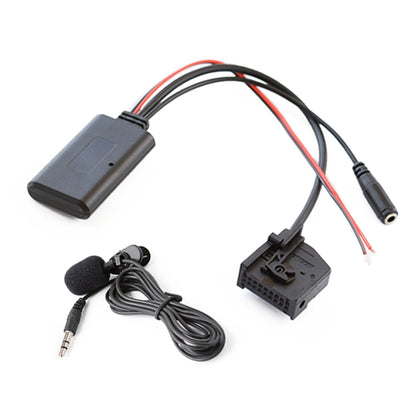 Car AUX Bluetooth audio wiring harness with microphone, 3.5mm plug, and adapter box