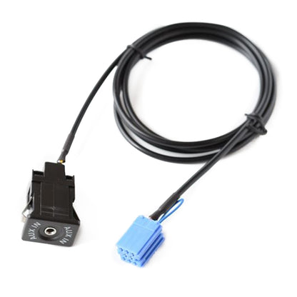 Car AUX interface wiring harness with black connector and blue wiring plug