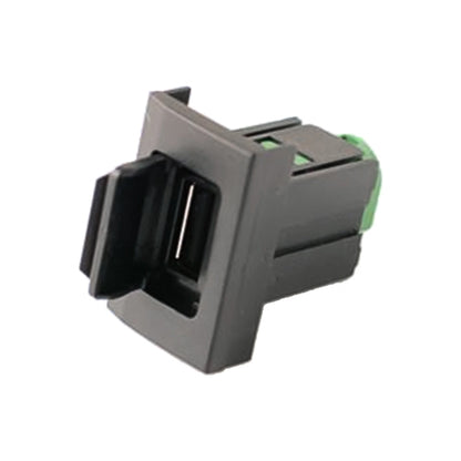 Car dashboard USB port module with black frame and green connector, compact 3.3x2.3cm.