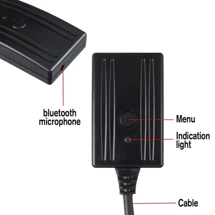 Black Bluetooth microphone cable adapter box with menu control, indication light and cable