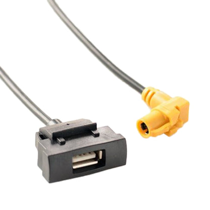 Modified car USB cable, black connector with USB port and yellow audio plug