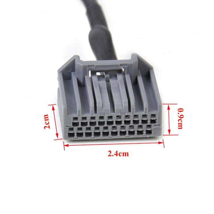 Car adapter connector block with mounting size markings, gray housing and multi-pin port
