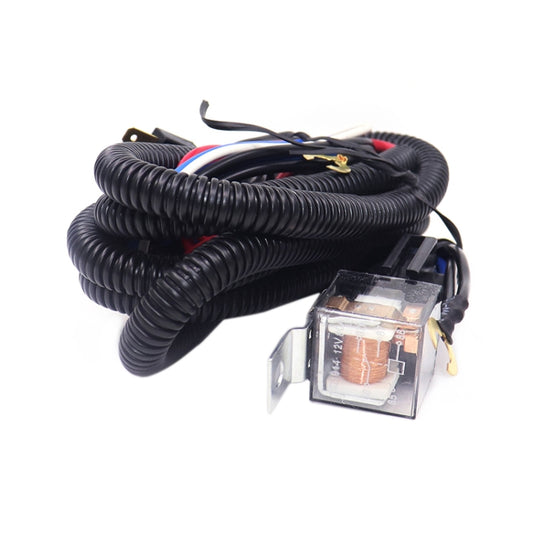 Car horn relay wiring harness with transparent relay module and black corrugated wiring