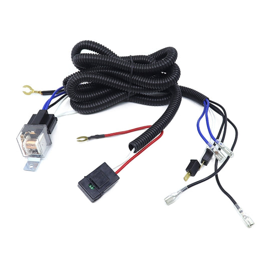 12V car horn wiring harness with relay, black braided cable, and connector plugs