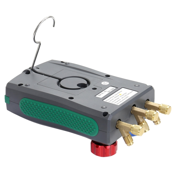 Digital manifold pressure tester with green side grip, metal ports, and hanging hook
