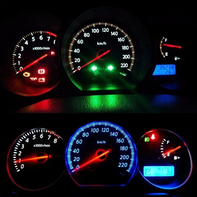 Wedge COB LED instrument panel bulbs, glowing green and red on dashboard gauge cluster