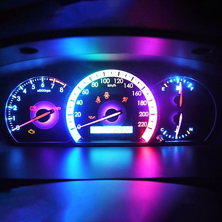 Wedge COB LED instrument panel bulbs, glowing blue and magenta on dashboard gauge cluster