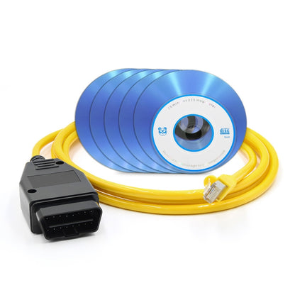 ENET diagnostic cable set with blue disc adapter, yellow cable, black OBD connector
