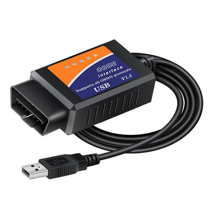 OBD2 USB car diagnostic scanner with attached USB cable and orange V1.5 label