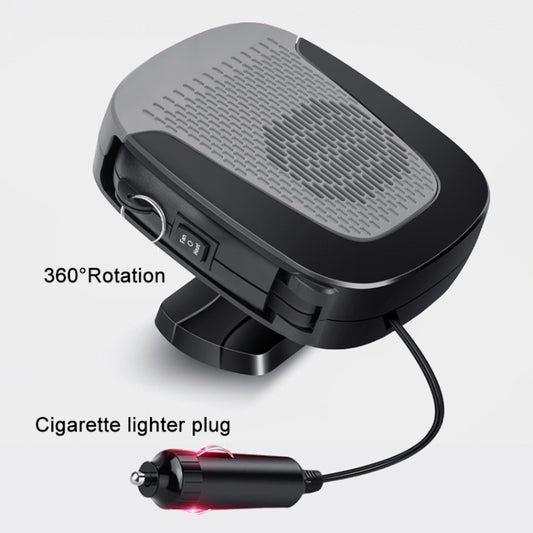 Car defrost heater with 360° rotating head, gray grille, black housing, lighter plug