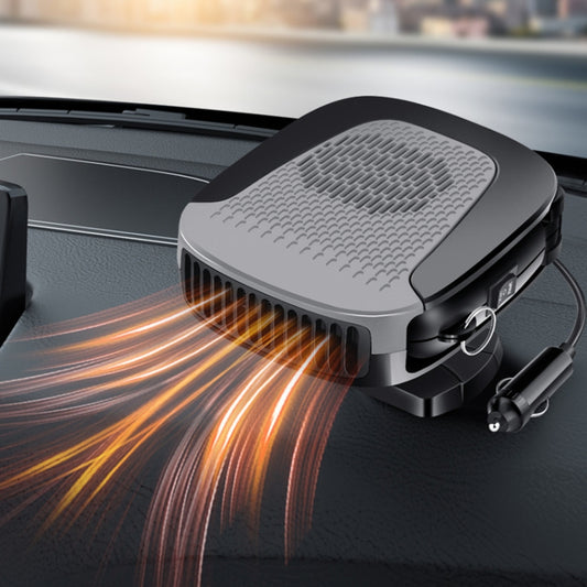 12V car defrost heater with gray grille, black housing, airflow stream near dashboard