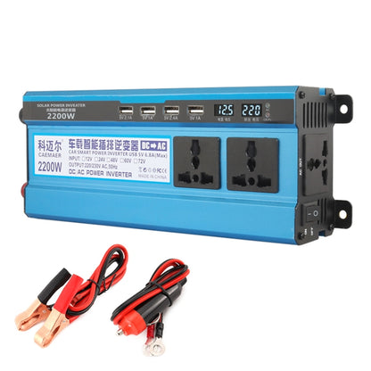 Blue 24V to 220V power inverter with three AC outlets and dual digital display