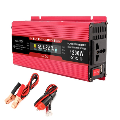 Red 12V to 220V 1200W power inverter with LCD display and cooling vent