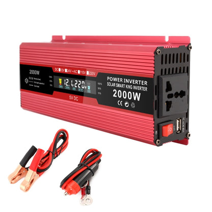 Red 2000W power inverter with LCD display, AC outlet, and black/red battery cable clips