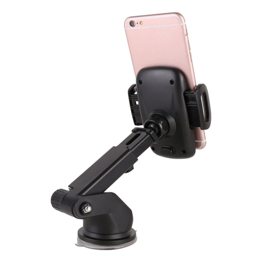 Car phone holder with adjustable black cradle and suction base, shown from the side