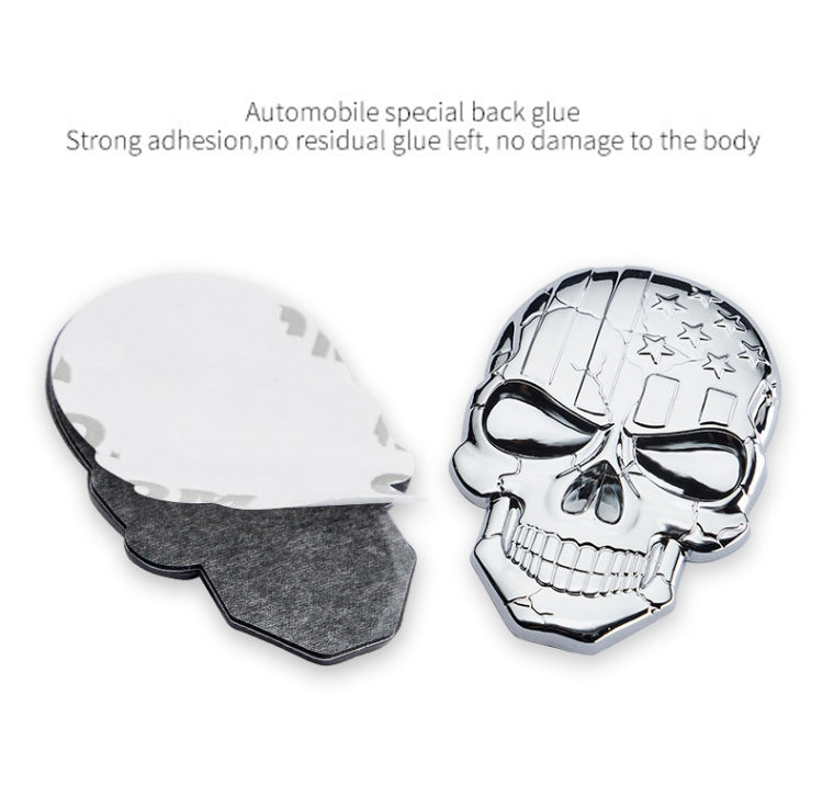 Silver metal devil skull car sticker with visible adhesive backing pad