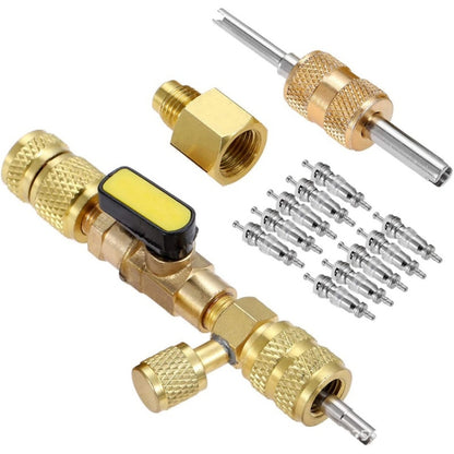 Brass valve core remover tool with dual SAE ends, knurled grip and included pins