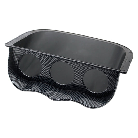 Carbon fiber dash gauge pod mount holder with three circular openings and flat top tray