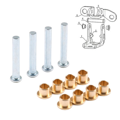 Car door hinge pin bushing repair kit: silver pins and bronze bushings, with grouped parts.