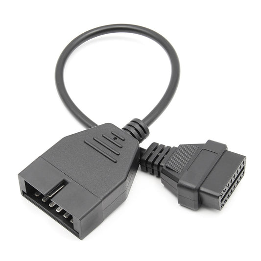OBD2 conversion cable with 12-pin and 16-pin connector ends, black.