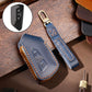 Blue cowhide leather key fob protective cover with stitched edges and metal key ring