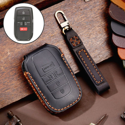 Black genuine leather key fob protective cover with metal keyring and button cutouts