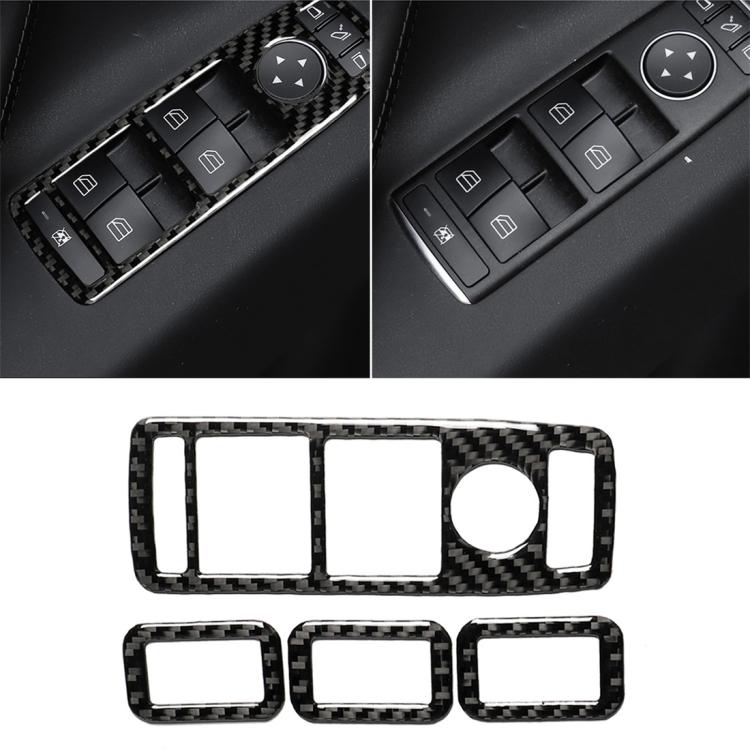 Carbon fiber pattern window lift control panel sticker set on dark car door switch area