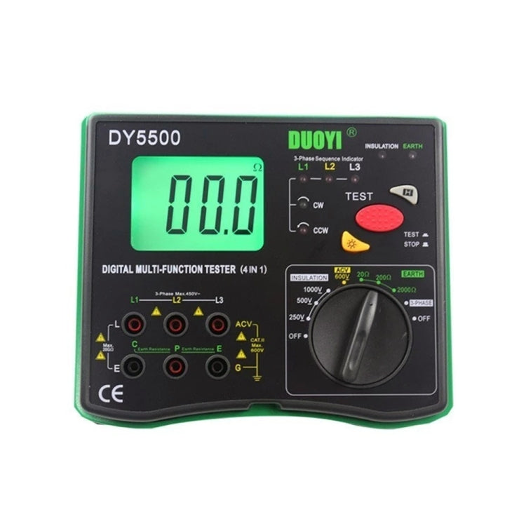 Digital multifunction resistance tester with green backlit LCD and control buttons