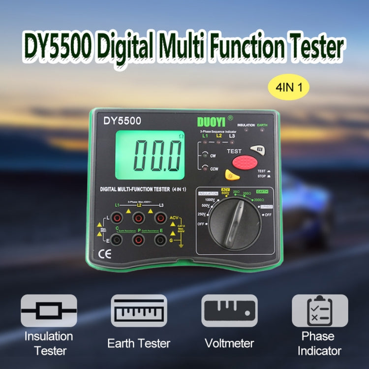 DY5500 digital multifunction tester with display, selector dial, and test button controls