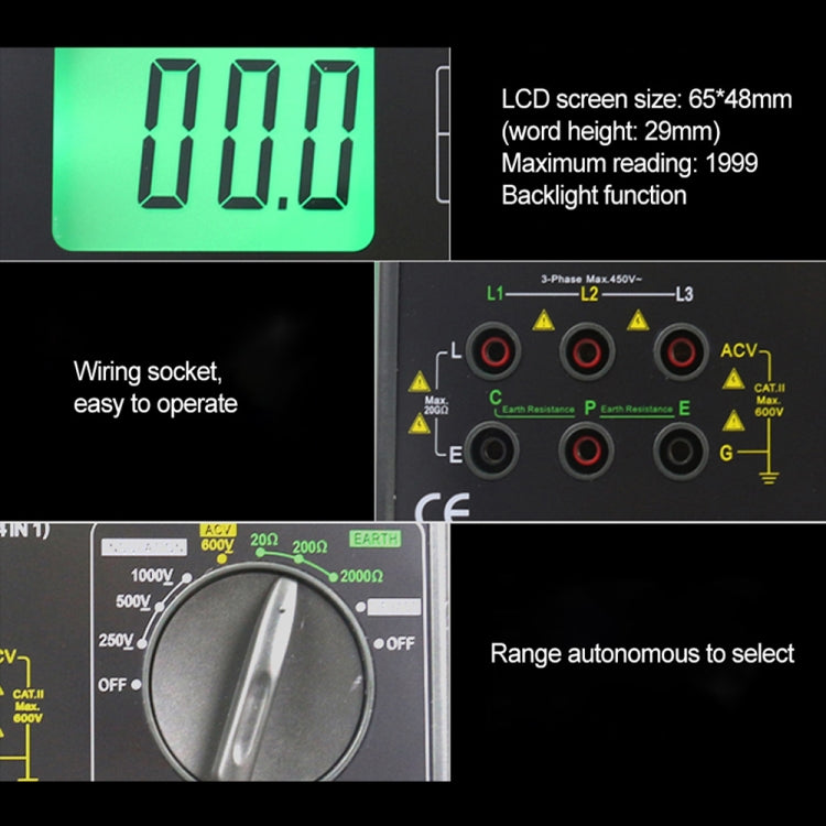 Multifunction tester close-up showing green LCD display and test socket layout