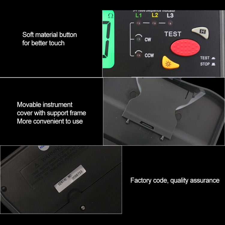 Resistance tester features with soft button, movable cover, and underside label