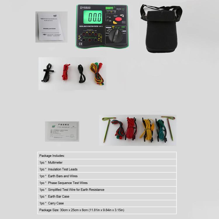 Digital tester kit with main unit, leads, earth bars, and black carry case